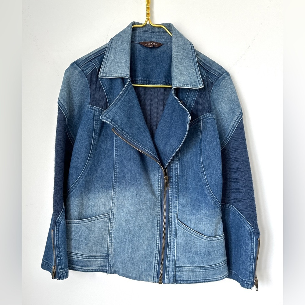 Multiples Blue Denim Knit Moto Zip Front Stretch Jean Jacket Women’s Size Small